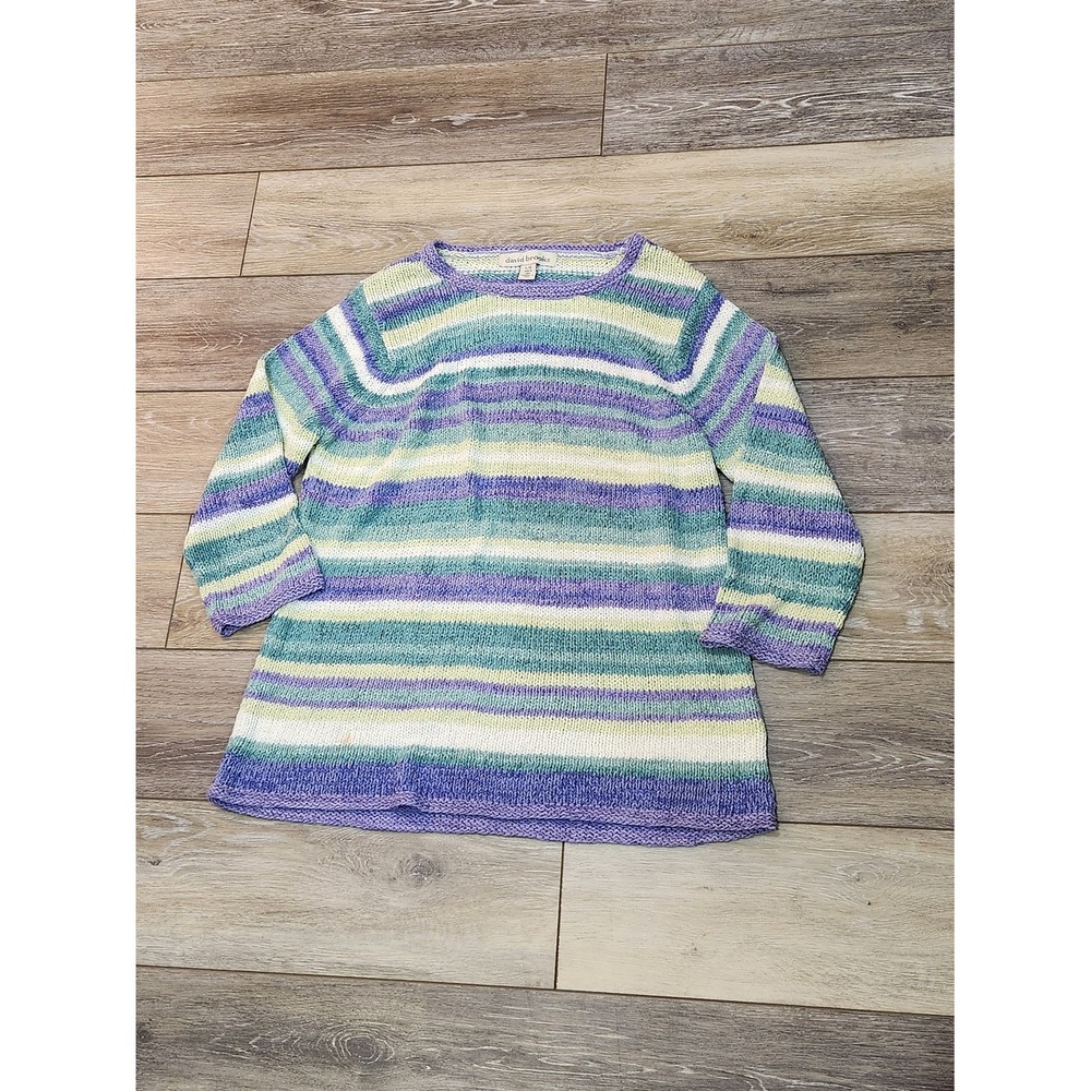 David Brooks scoop neck Striped 3/4 sleeve purple/blue sweater top size Large